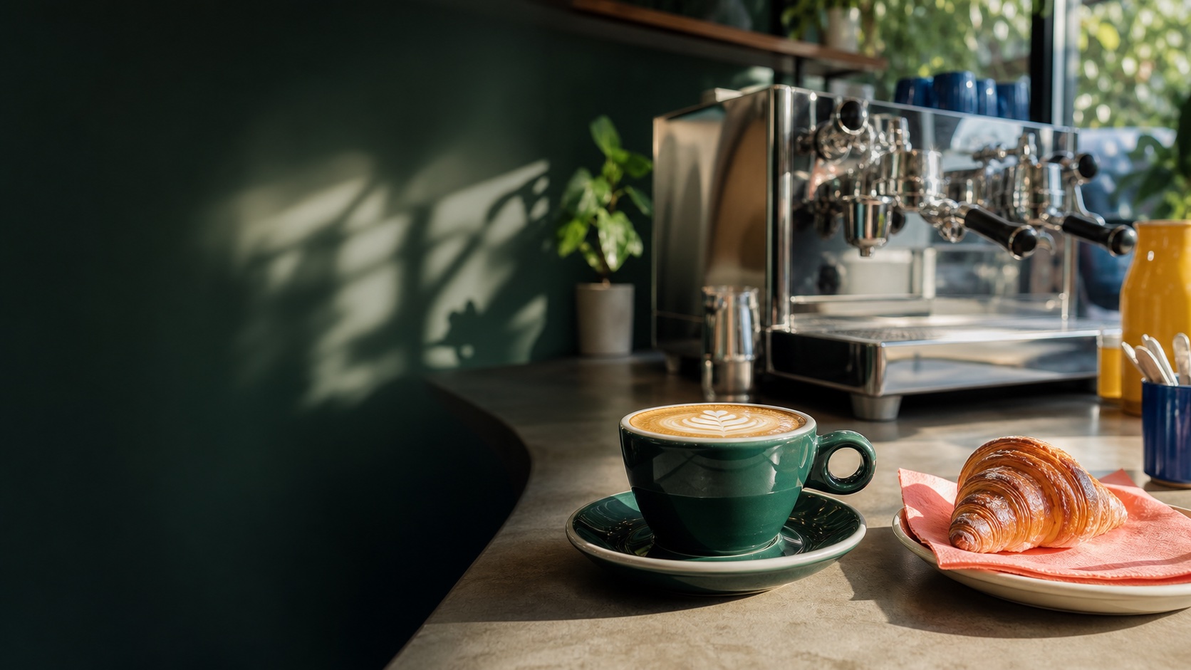 Latte and croissant at a sunlit coffee bar