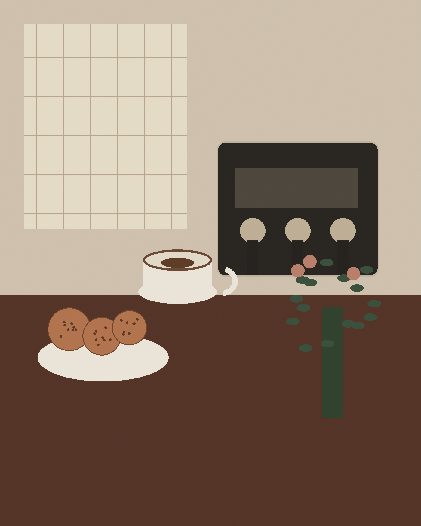 Playful illustration of coffee, cookies and an espresso machine